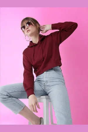 DressBerry Women Solid Round Neck Full Sleeve Hooded Boxy Crop Sweatshirt