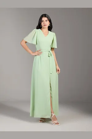 20Dresses Solid V Neck Flared Sleeve Georgette Maxi Dress