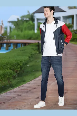 Mast & Harbour Men Navy Blue and White Colourblocked Lightweight Jacket
