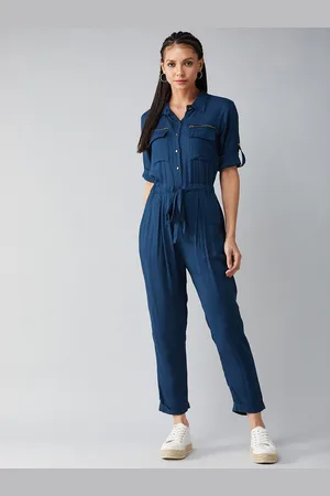 DOLCE CRUDO Collared V-Neck 3/4 Sleeves Straight Leg Tie-Up Solid Belted Wrap Jumpsuit