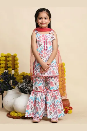 Cutiekins Girls Floral Printed Shoulder Straps A-Line Kurta with Sharara & Dupatta
