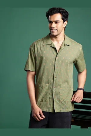 Sangria Men Textured Cuban Collar Boxy Pure Cotton Casual Shirt