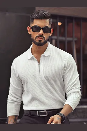 Powerlook Men Self Design Polo Collar Cotton T-shirt