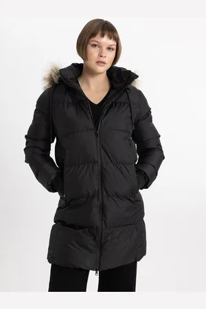 DeFacto Women Hooded Faux Fur Trim Longline Puffer Jacket