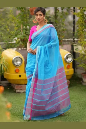 Unnati Silks Solid Striped Pure Cotton Handloom Mangalagiri Saree