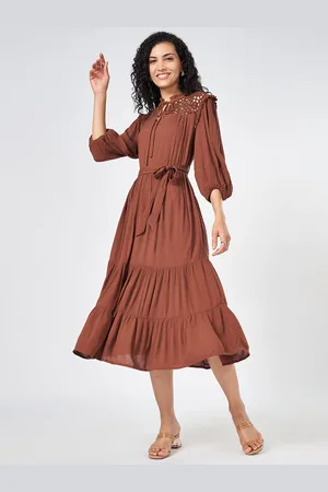 Pantaloons Solid Puff Sleeve Fit & Flare Midi Dress