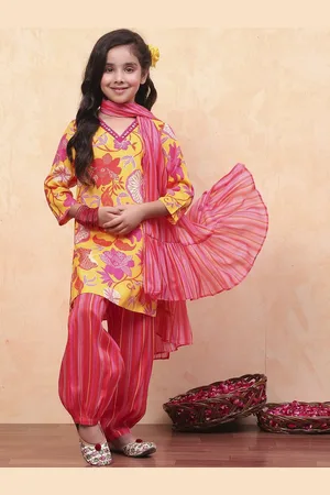 Biba Girls Floral Printed V-Neck Straight Kurta with Salwar & Dupatta
