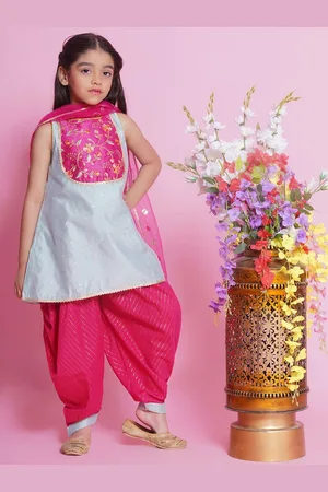 Little Bansi Girls Floral Embroidered Cotton Silk Straight Kurta with Salwar & Dupatta