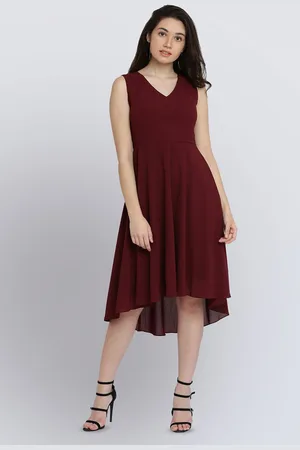 BAESD Women V Neck Sleeveless Solid High Low Midi Skater Dress