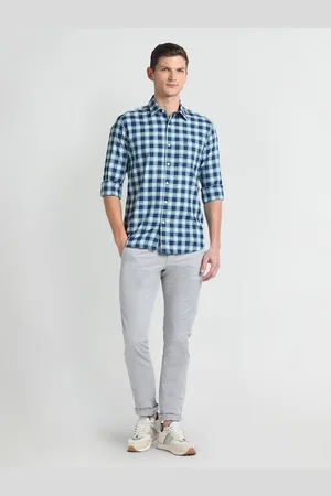 Arrow Spread Collar Long Sleeves Slim Fit Cotton Checked Casual Shirt