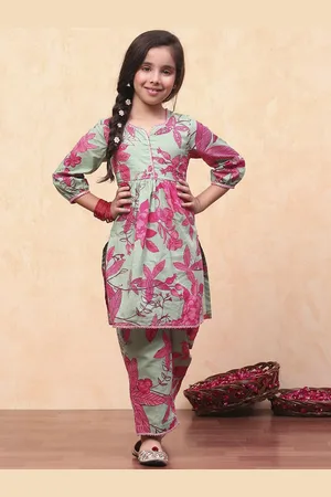 Biba Girls Floral Printed Notch Neck Pure Cotton Straight Kurta with Palazzos & Dupatta