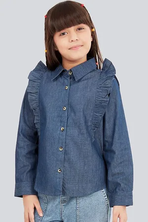 OLELÉ Girls Cotton Denim Button Down Ruffle Shirt