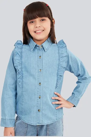 OLELÉ Girls Cotton Denim Button Down Ruffle Shirt - Light Blue