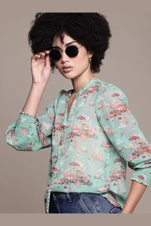 Roadster The Lifestyle Co. Floral Print Sheer Puff Sleeve Shirt Style Top