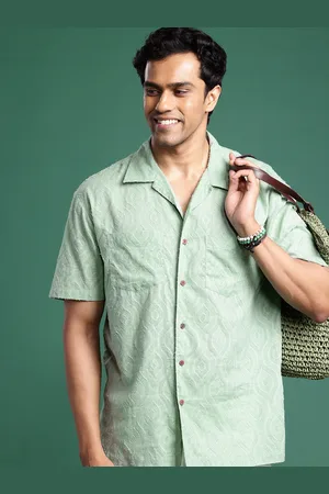 Sangria Men Textured Cuban Collar Boxy Pure Cotton Casual Shirt