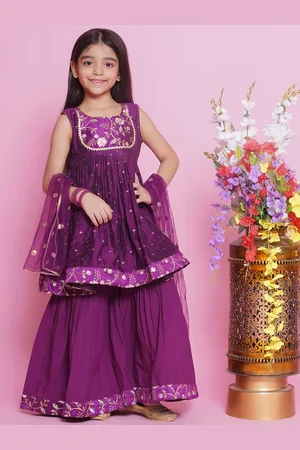 Little Bansi Girls Floral Embroidered Pure Silk Anarkali Kurta With Sharara & Dupatta