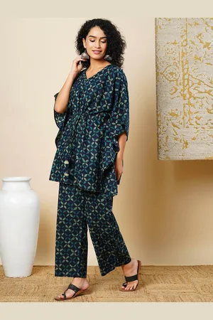 Globus Blue Floral Printed V-Neck Pure Cotton Kaftan Tunic With Trousers