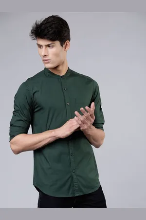Highlander Men Solid Slim Fit Mandarin Collar Single Pocket Shirt