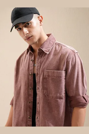 Highlander Men Maroon Denim Flap Pocket Oversized Shirt