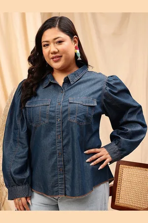 CURVY STREET Women Plus Size Comfort Spread Collar Faded Cotton Casual Shirt