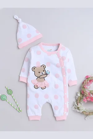 BUMZEE Infant Girls Graphic Printed Cotton Rompers With Cap