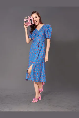 BAESD Women V Neck Pleated Puff Sleeve Floral Patterned Wrap Midi Dress