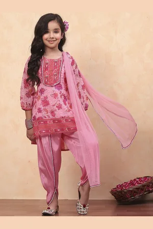 Biba Girls Floral Printed Sequinned Regular Straight Kurti with Dhoti Pants & Dupatta