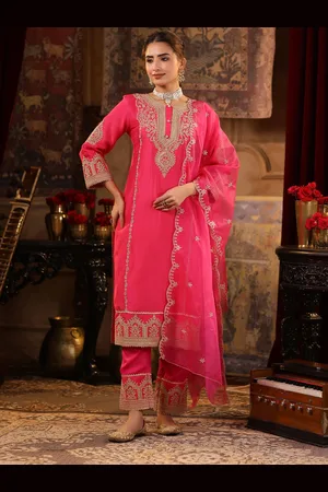 SCAKHI Floral Embroidered Regular Sequinned Dupion Silk Kurta with Trousers & Dupatta