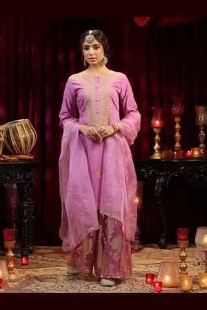 SCAKHI Floral Embroidered Gotta Patti Chanderi Silk Straight Kurta with Sharara & Dupatta