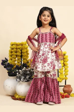 Cutiekins Girls Floral Printed Gotta Patti A-Line Kurta With Sharara & Dupatta