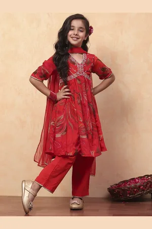 Biba Girls Floral Printed V-Neck Anarkali Kurta with Palazzos & With Dupatta