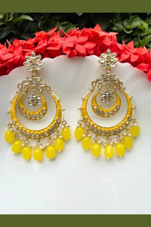 LAIDA Yellow Gold-Plated Kundan Studded Handcrafted Crescent Shaped Chandbalis