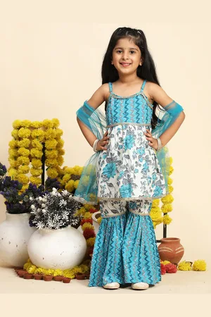 Cutiekins Girls Floral Printed Gotta Patti Pure Cotton Kurta with Sharara & Dupatta