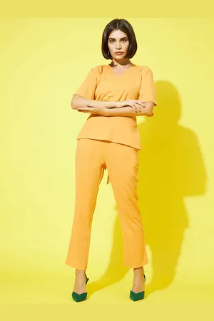 ATHENA Women Solid Back Tie-up Top With Trouser Co-Ords