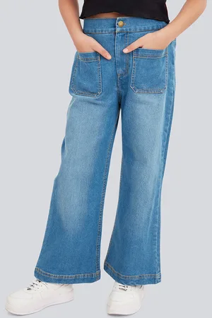 OLELÉ Girls Cotton Denim Stretchable Wide Leg Jeans Pant