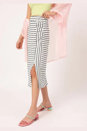 DressBerry Minimal Mono Side-Slit Comfy Cotton Striped Straight Skirt