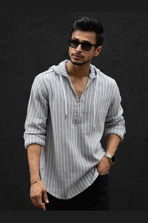 Powerlook Men Hood Vertical Striped Cotton Casual Shirt