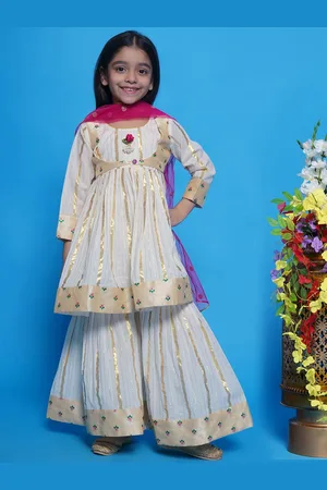 Little Bansi Girls Striped Pure Cotton A-Line Kurta with Sharara & Dupatta with Jacket