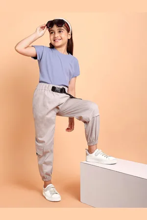 HERE&NOW Girls Solid Ribbed Round Neck Pure Cotton T-Shirt With Cargo Pants