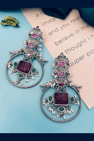 Sangria Silver Plated Stone Studded & Beaded Drop Earrings