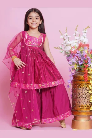 Little Bansi Girls Embroidered Thread Work Pure Silk Kurta with Sharara & Dupatta