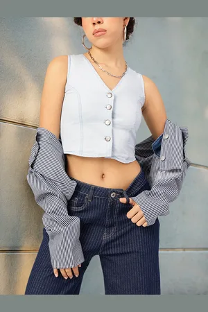 Kook N Keech Elevated Essence V-Neck Chambray Crop Top
