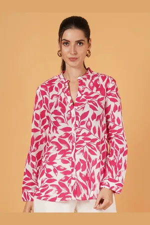Mast & Harbour Women Tropical Printed Mandarin Collar Cotton Top