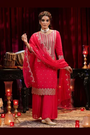SCAKHI Ethnic Motifs Embroidered Sequinned Georgette Straight Kurta & Palazzo & Dupatta