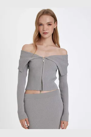 DeFacto Women Striped Off-Shoulder Crop Sweaters