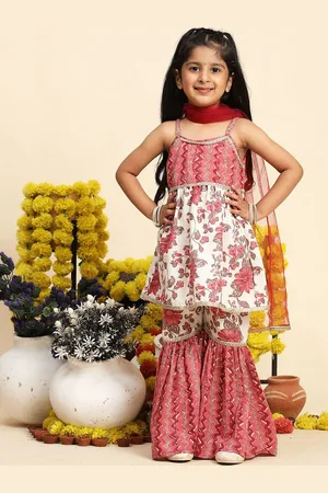 Cutiekins Girls Floral Printed Regular Gotta Patti A-Line Kurta With Sharara & Dupatta
