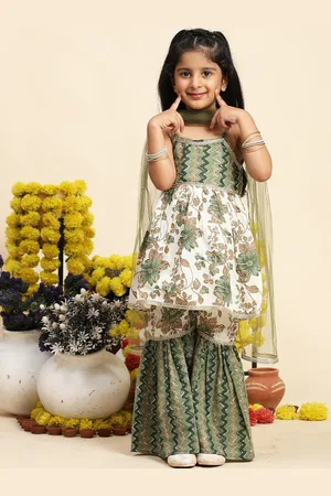 Cutiekins Girls Floral Printed Gotta Patti A-Line Kurta With Sharara & Dupatta