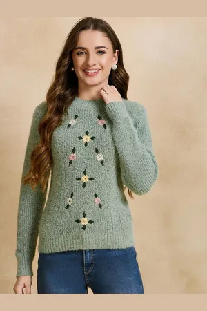 CLAPTON Women Floral Woollen Pullover with Embroidered Detail