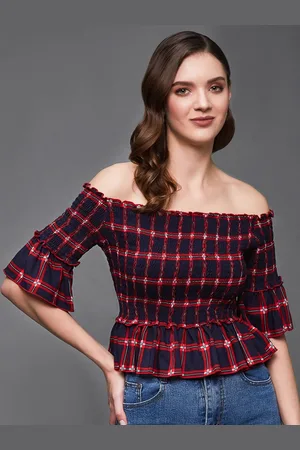 Chemistry Checkered Bardot Flared Sleeves Viscose Rayon Smocked Short Top