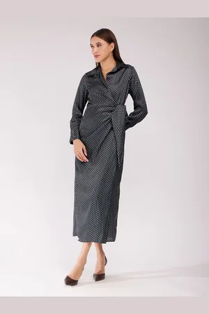 FableStreet Women Printed Satin Shirt Wrap Midi Dress